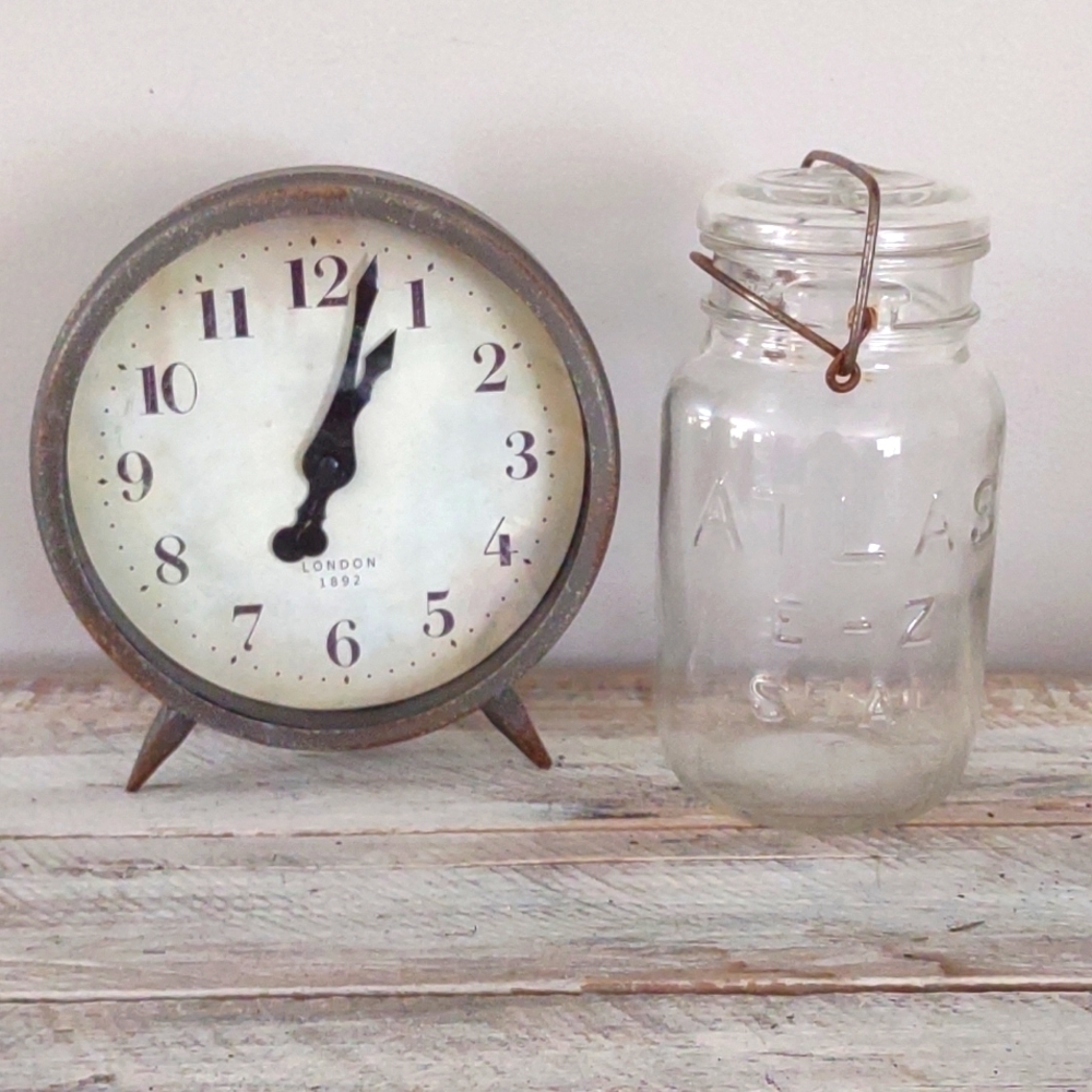 VINTAGE 2 piece Clock & Mason Jar rustic Farmhouse Boho Bohemian Americana